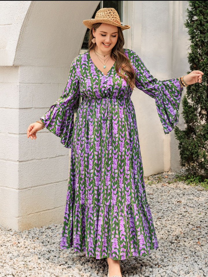 Plus Size Printed V-Neck Long Sleeve Maxi Dress | Trendsi