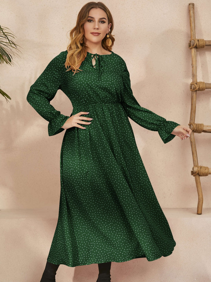 Plus Size Ruffled Polka Dot Long Sleeve Midi Dress | Trendsi