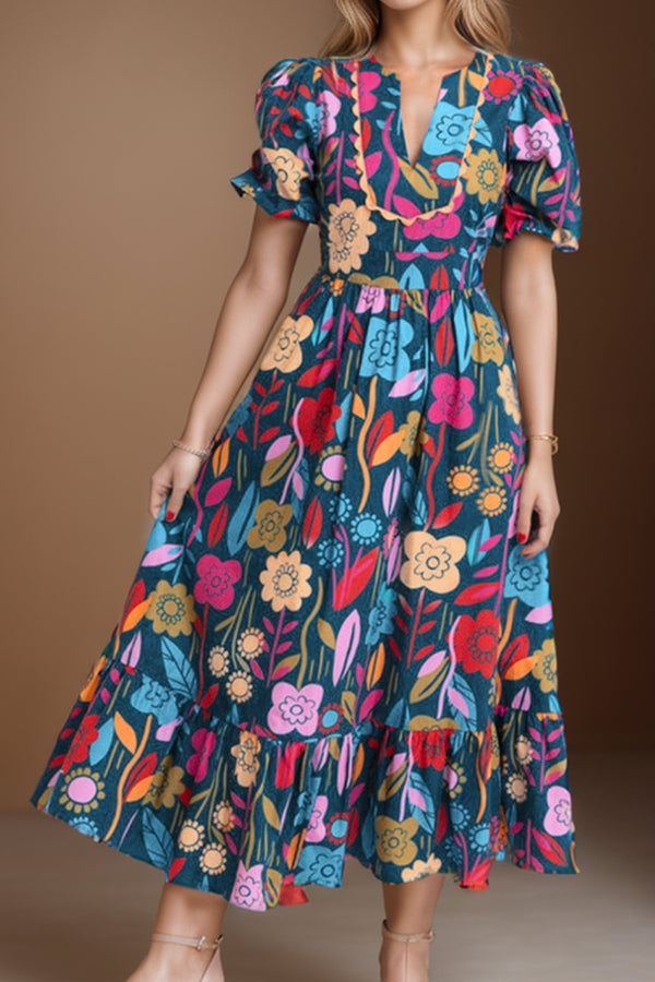 Printed Notched Puff Sleeve Midi Dress | Trendsi