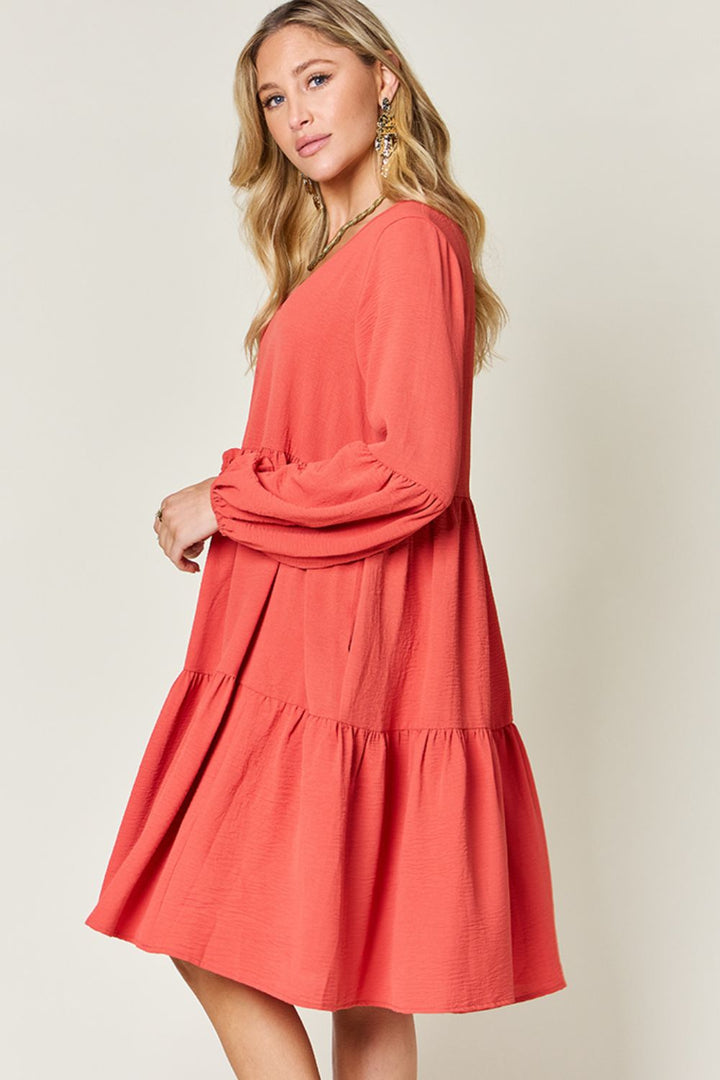 Double Take Full Size V-Neck Balloon Sleeve Tiered Dress | Trendsi