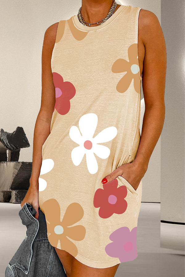 Pocketed Printed Round Neck Tank Dress | Trendsi