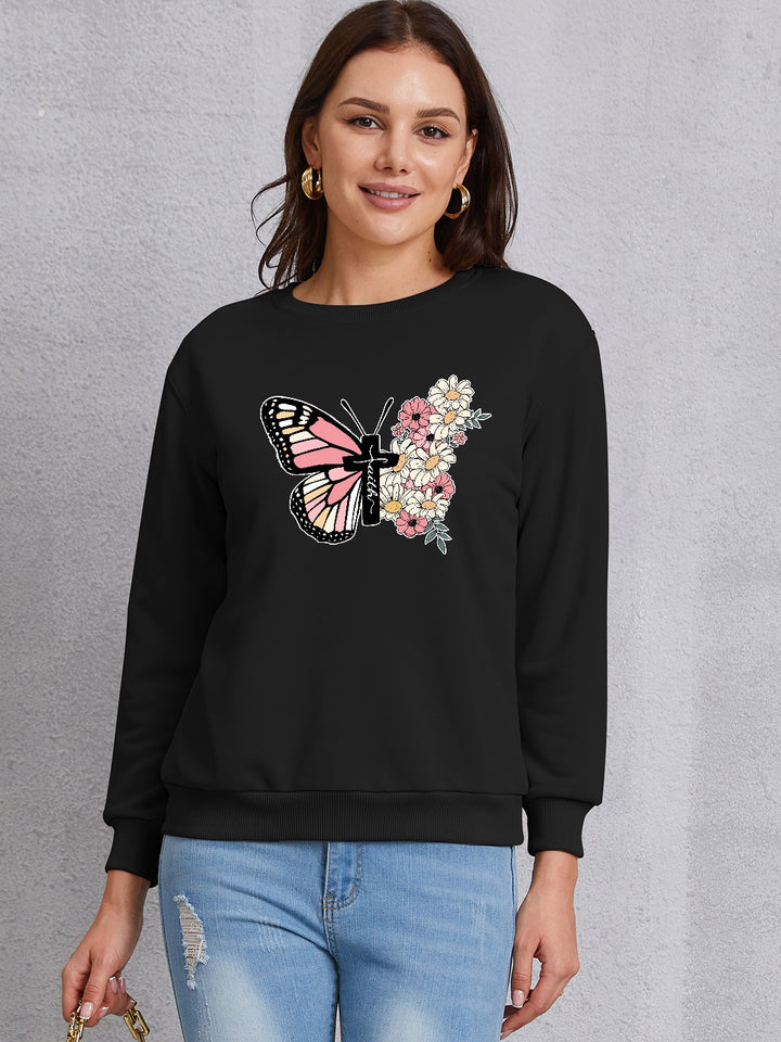 Butterfly Round Neck Dropped Shoulder Sweatshirt | Trendsi