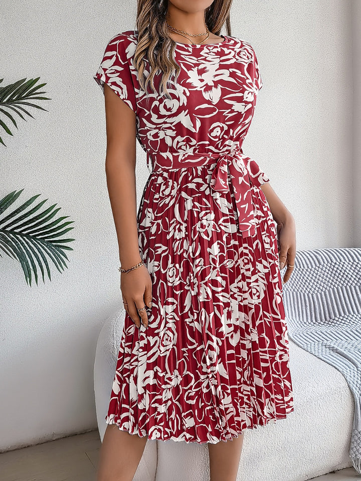 Tied Pleated Printed Short Sleeve Dress | Trendsi