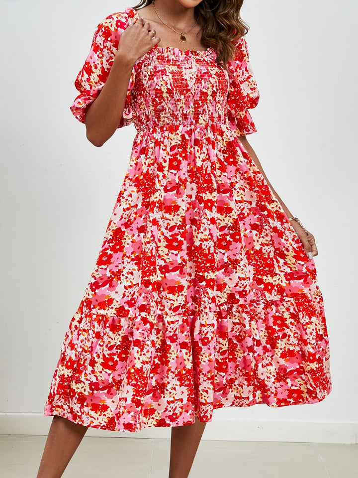 Smocked Floral Square Neck Short Sleeve Dress | Trendsi