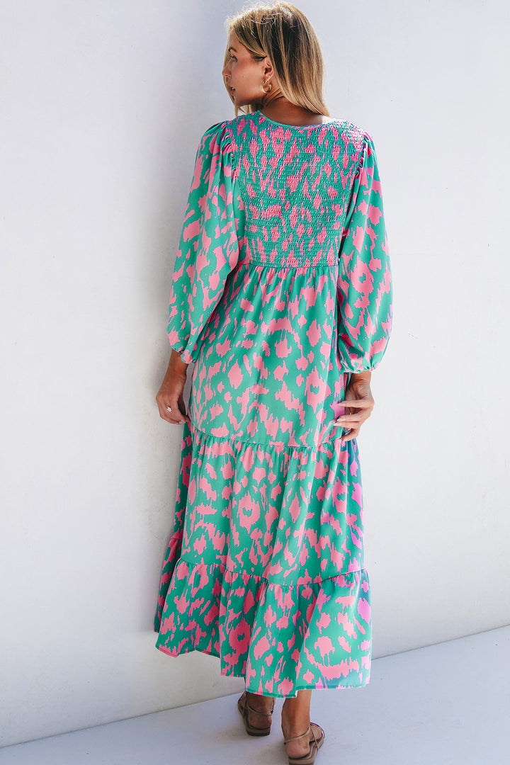 Smocked Printed Tie Neck Long Sleeve Dress | Trendsi