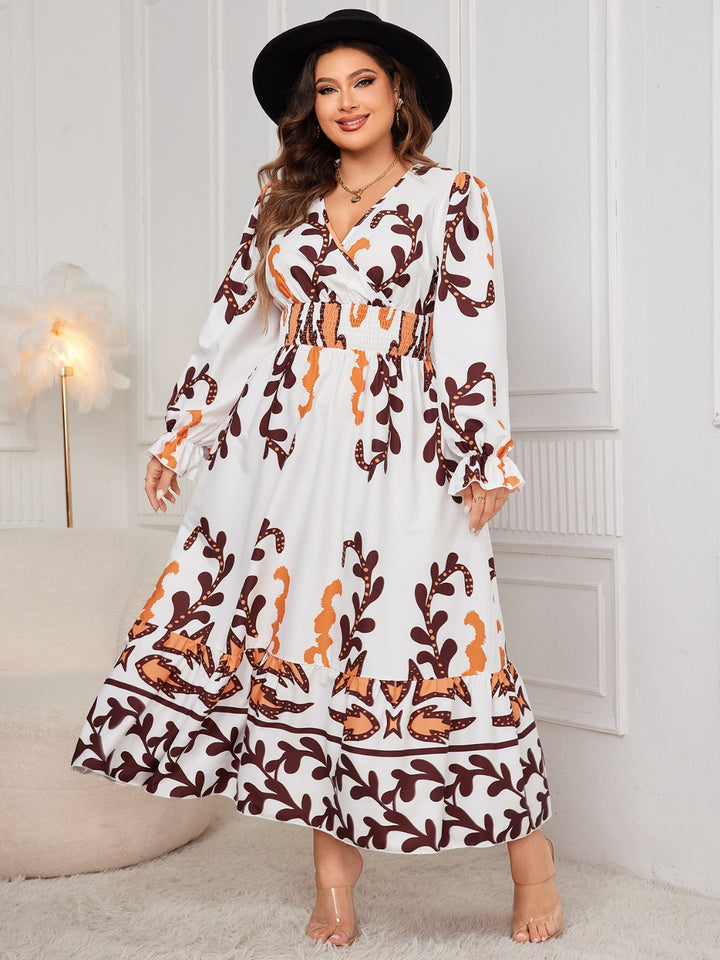 Plus Size Printed Surplice Flounce Sleeve Dress | Trendsi