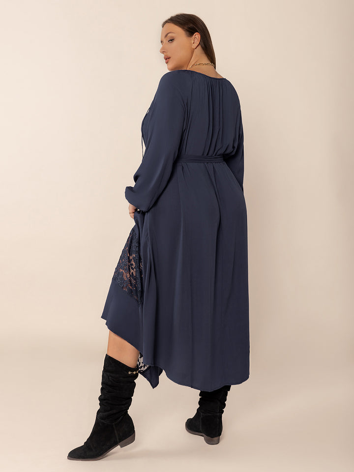 Plus Size Lace Detail Tie Neck Long Sleeve Midi Dress | Trendsi