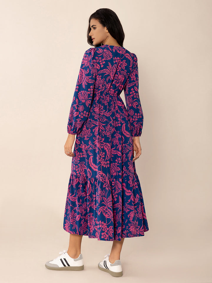 Printed V-Neck Long Sleeve Midi Dress | Trendsi