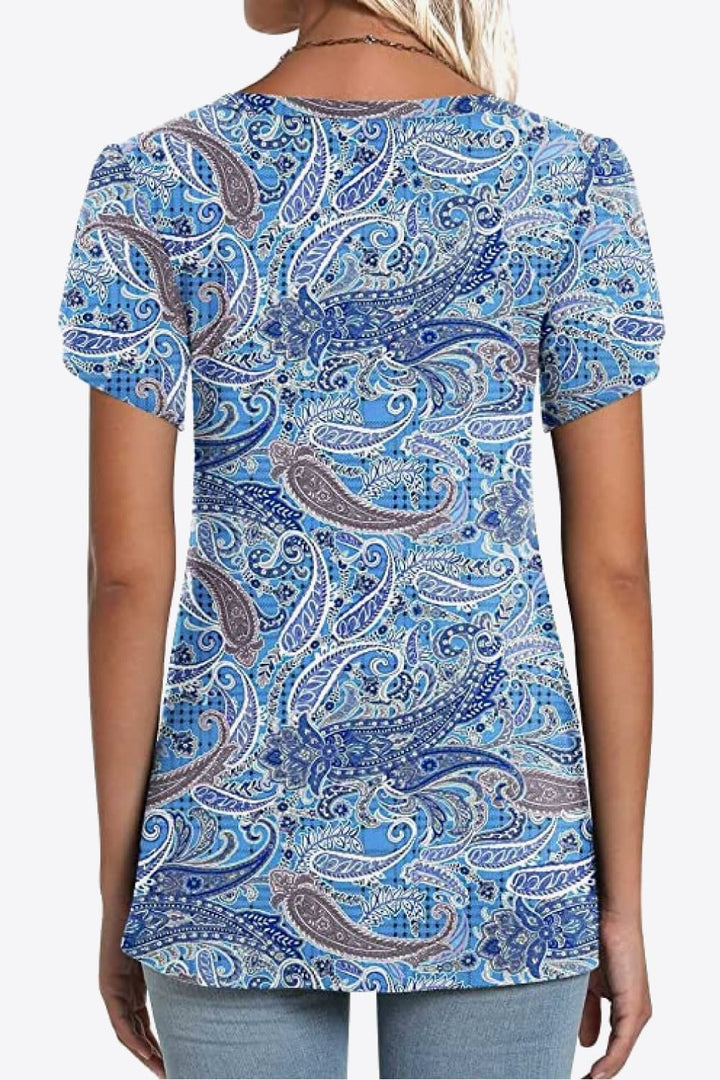 Printed Petal Sleeve V-Neck Blouse | Trendsi