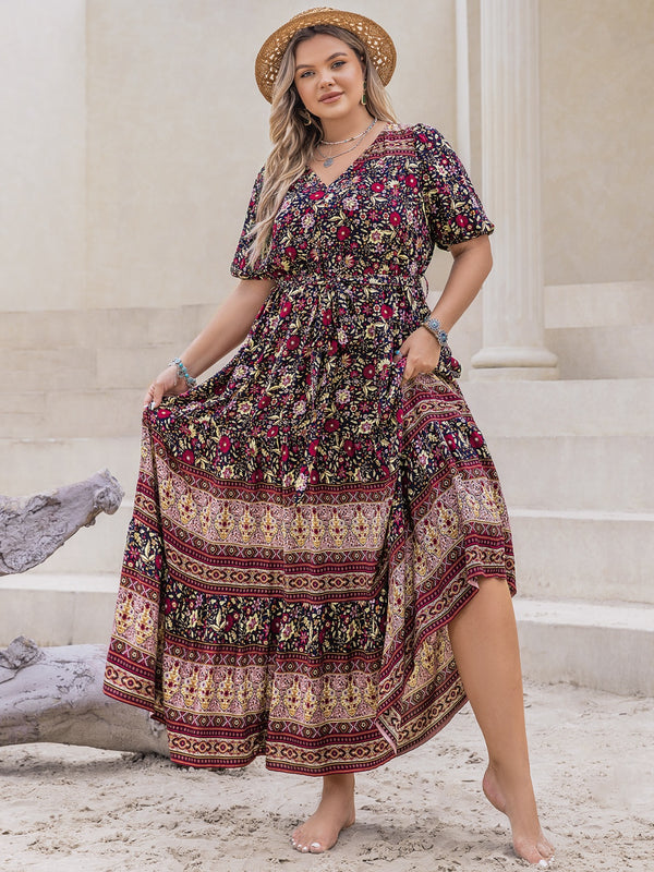 Plus Size Printed V-Neck Short Sleeve Maxi Dress | Trendsi