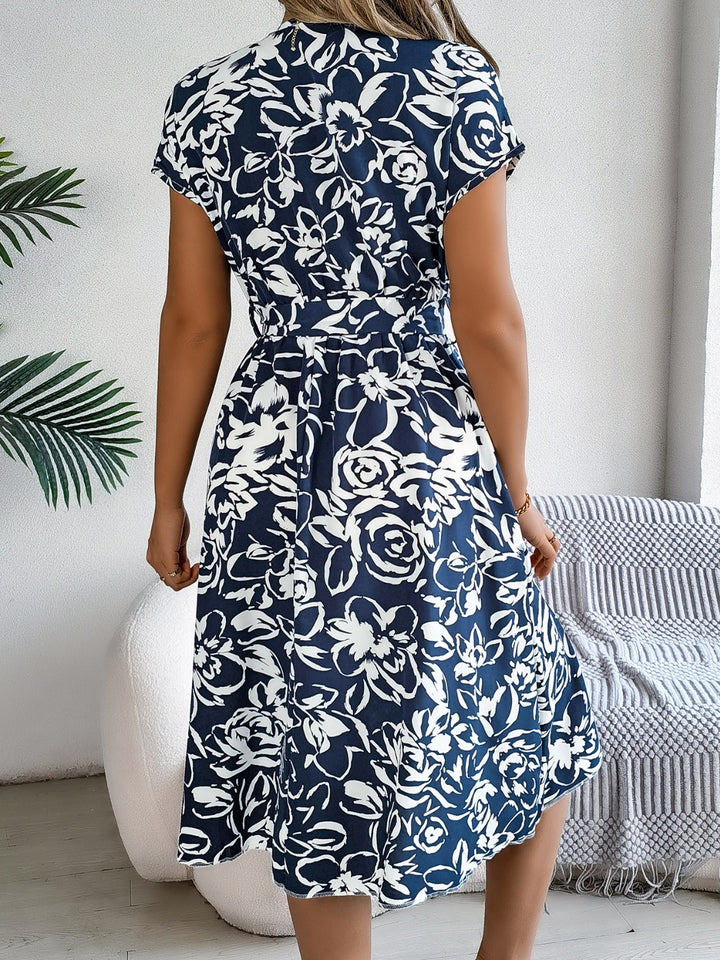 Printed V-Neck Short Sleeve Dress | Trendsi