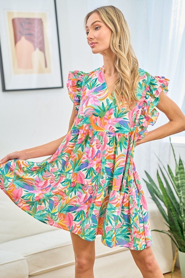 First Love Ruffled Printed Notched Cap Sleeve Dress | Trendsi