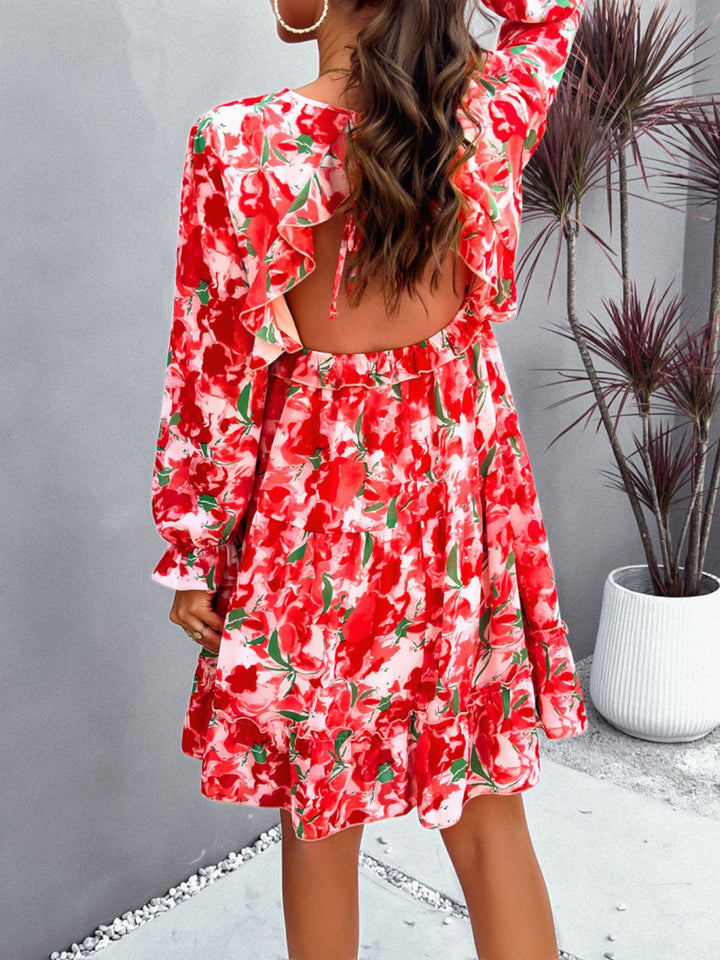 Backless Printed V-Neck Flounce Sleeve Dress | Trendsi