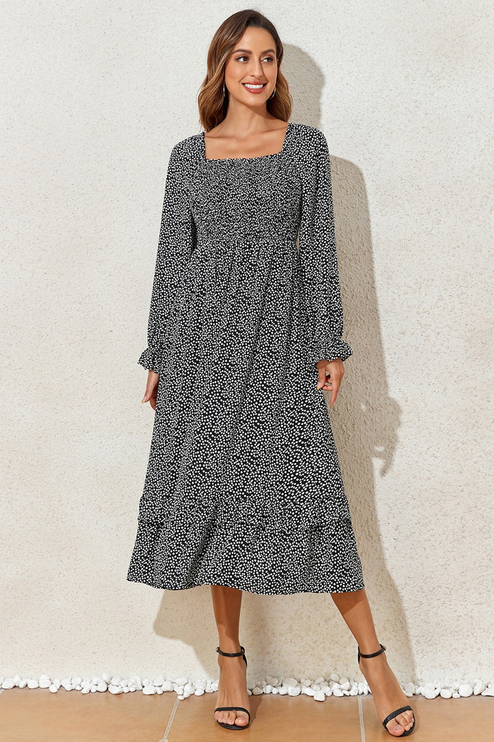 Printed Square Neck Long Sleeve Midi Dress | Trendsi