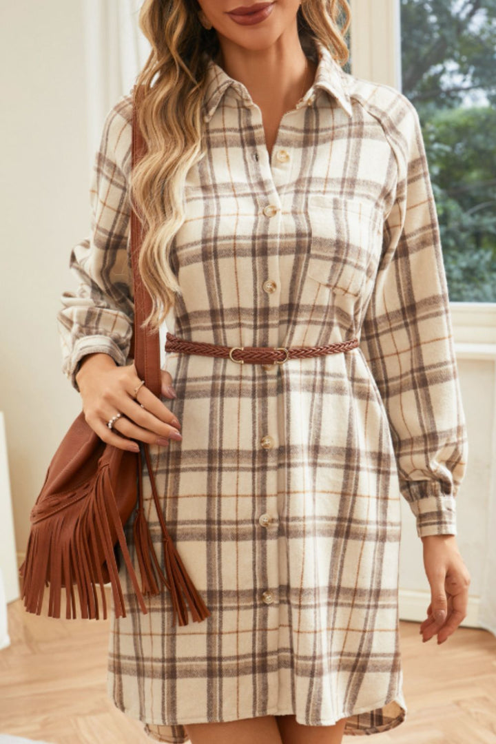 Plaid Collared Neck Long Sleeve Mini Shirt Dress | Trendsi