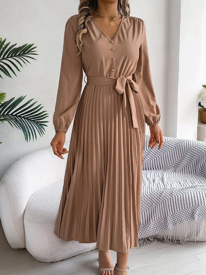 Pleated Tied V-Neck Long Sleeve Dress | Trendsi