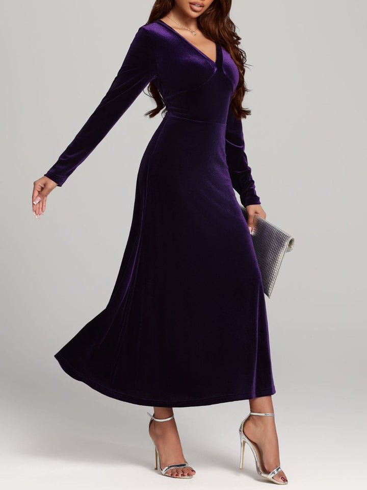 V-Neck Long Sleeve Velvet Dress | Trendsi