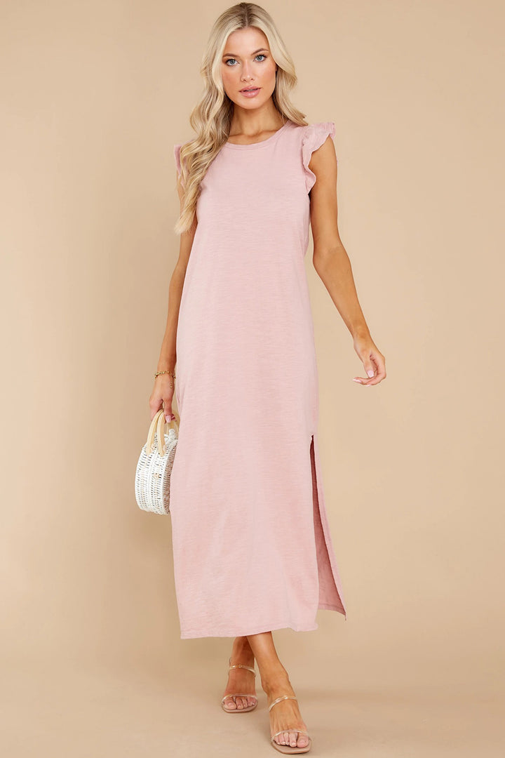 Ruffled Slit Round Neck Cap Sleeve Dress | Trendsi