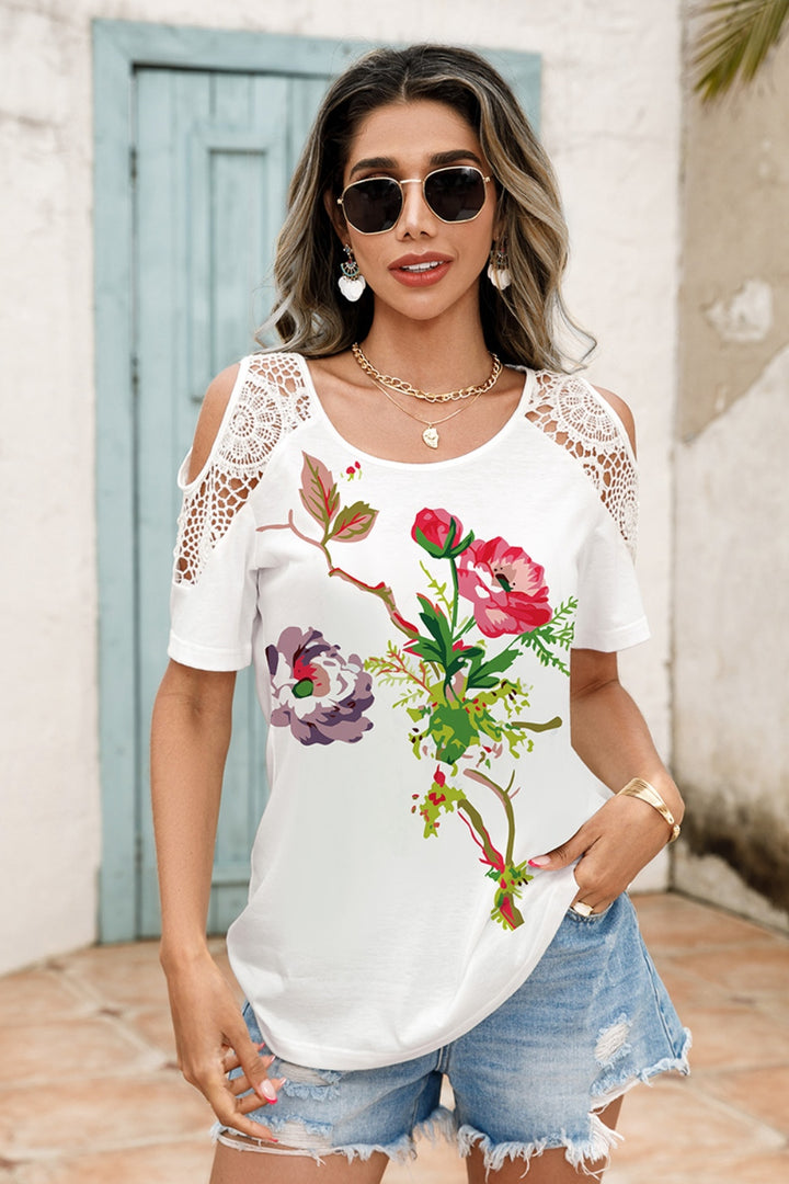 Lace Detail Round Neck Cold Shoulder Blouse | Trendsi