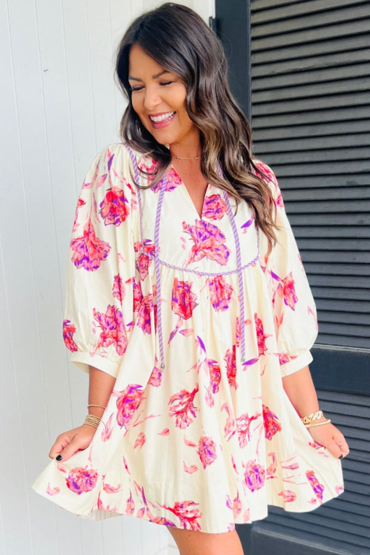 Tied Flower Printed Three-Quarter Sleeve Dress | Trendsi