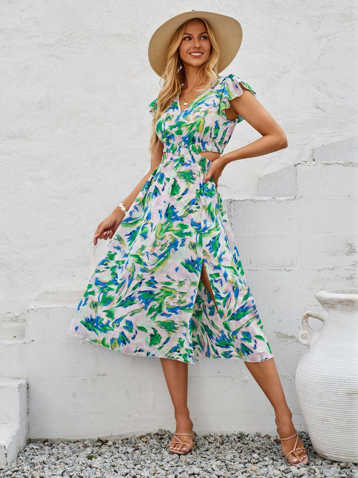 Cutout Slit Printed Cap Sleeve Dress | Trendsi