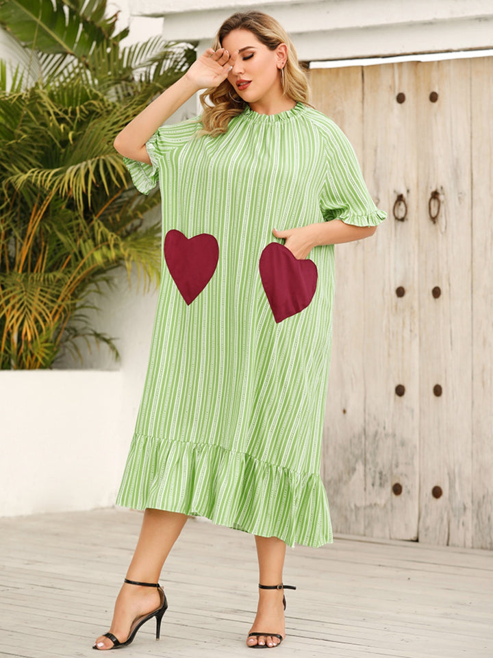 Plus Size Frill Heart Striped Half Sleeve Dress | Trendsi