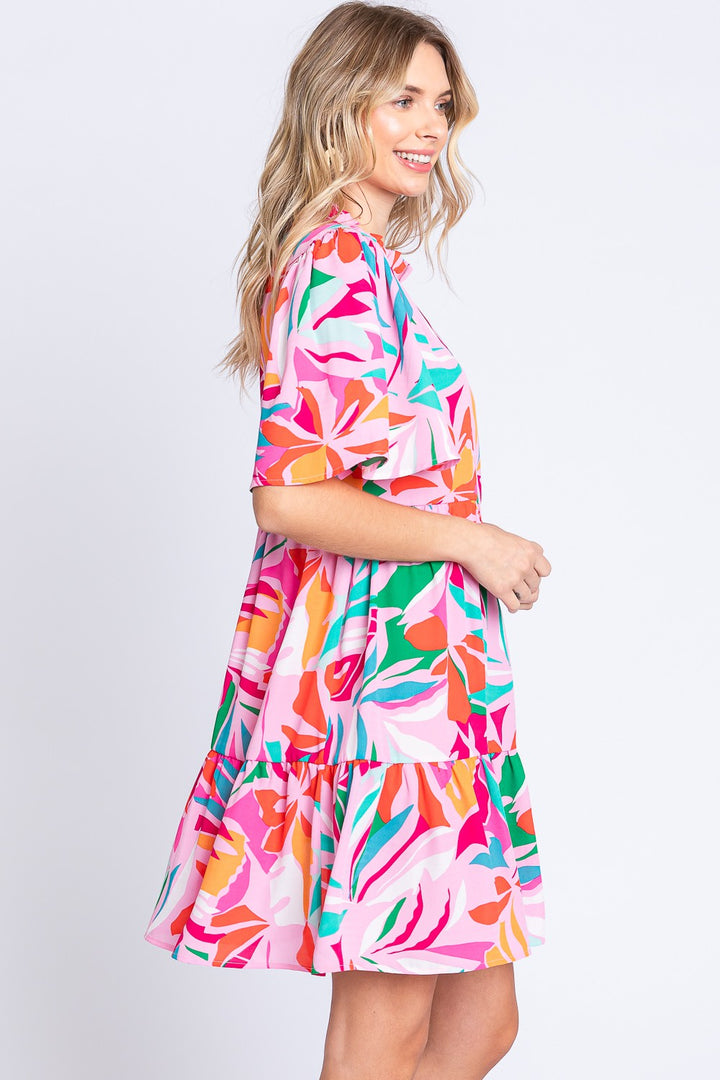 GeeGee Printed Short Sleeve Ruffle Hem Dress | Trendsi