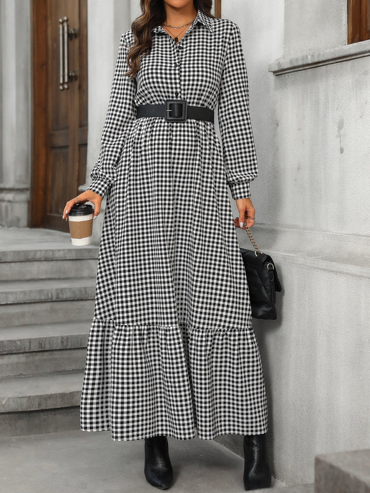 Ruffle Hem Plaid Long Sleeve Dress | Trendsi