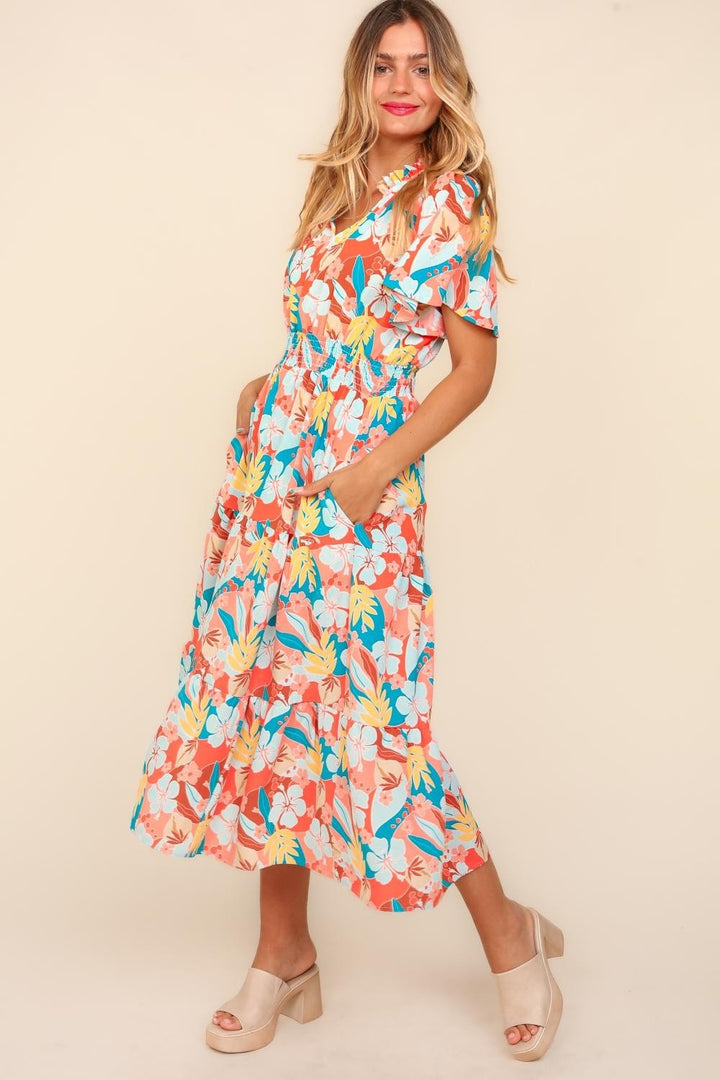 Haptics Full Size Tropical Floral Tiered Dress with Side Pockets | Trendsi