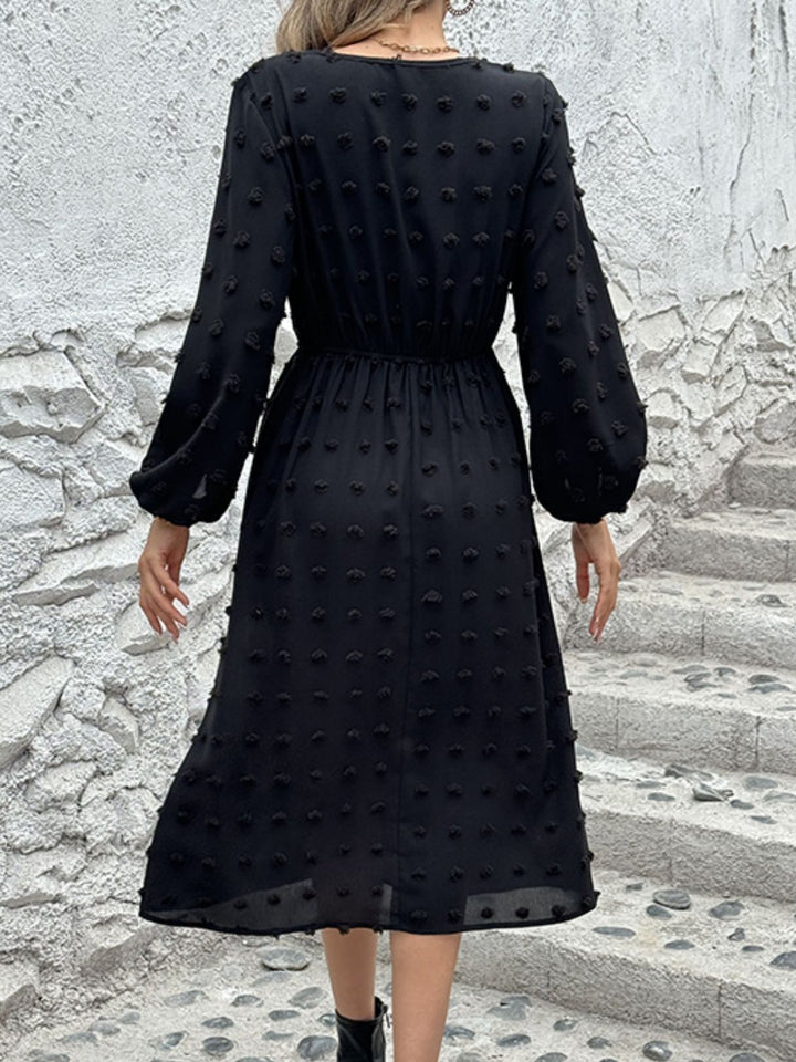 Full Size Swiss Dot V-Neck Long Sleeve Midi Dress | Trendsi