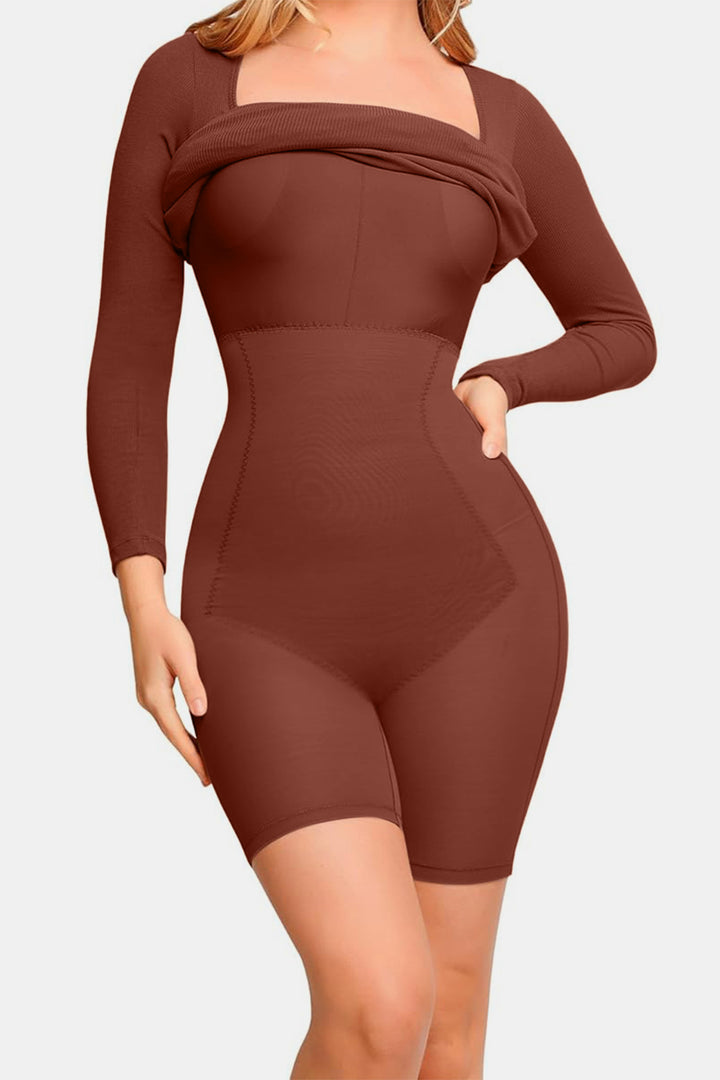 Basic Bae Full Size Built-In Shapewear Square Neck Long Sleeve Dress | Trendsi