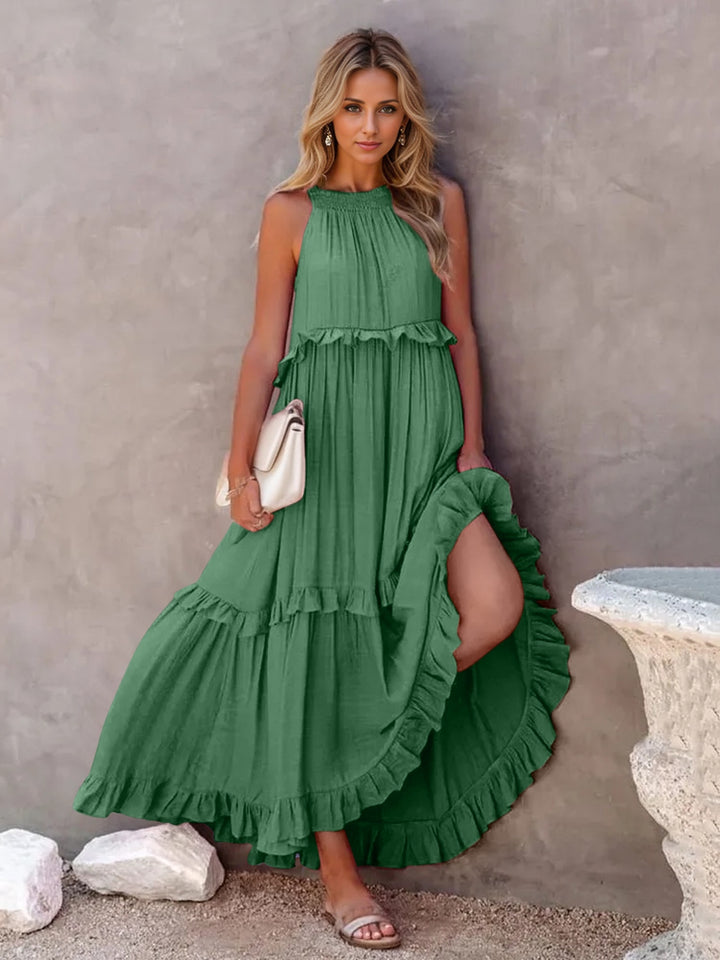 Ruffled Sleeveless Tiered Maxi Dress with Pockets | Trendsi