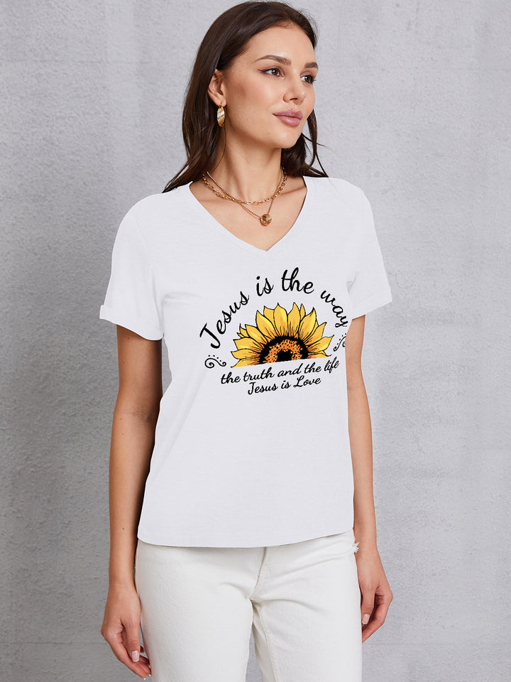 Sunflower V-Neck Short Sleeve T-Shirt | Trendsi