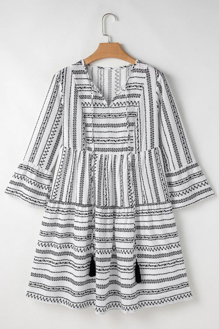 Printed Tie Neck Three-Quarter Sleeve Mini Dress | Trendsi