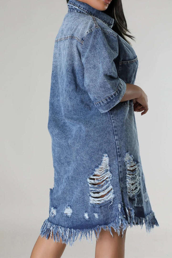 Distressed Raw Hem Button Up Denim Dress | Trendsi