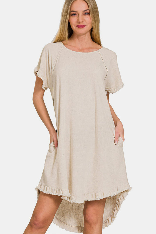 Zenana Fringe Edge High Low Flowy Dress with Pockets | Trendsi