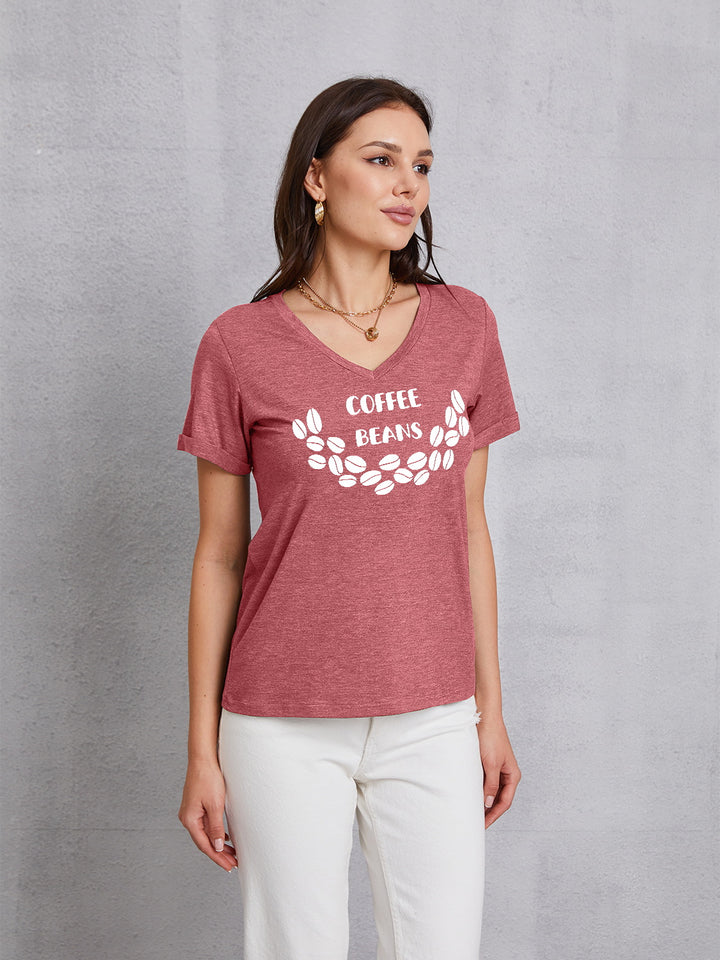 COFFEE BEANS V-Neck Short Sleeve T-Shirt | Trendsi