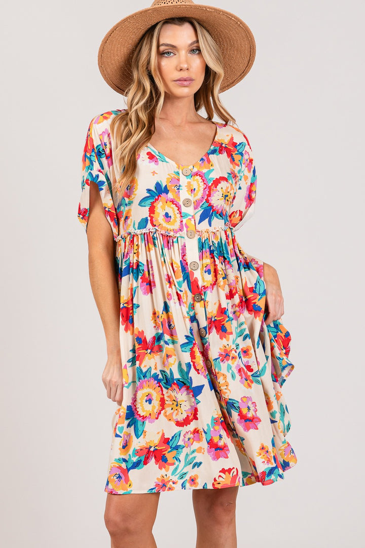 SAGE + FIG Full Size Floral Button-Down Short Sleeve Dress | Trendsi