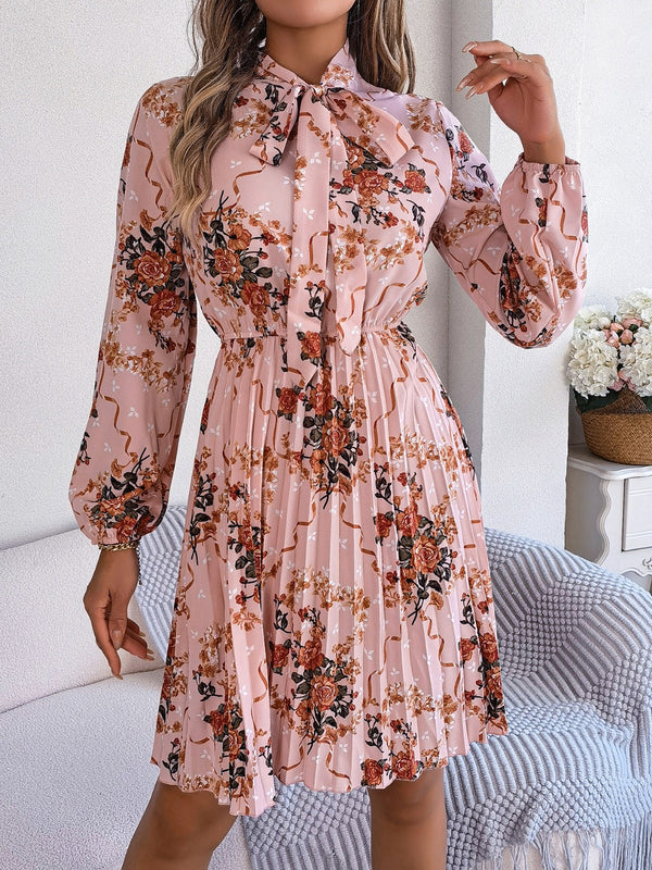 Pleated Printed Tie Neck Long Sleeve Dress | Trendsi