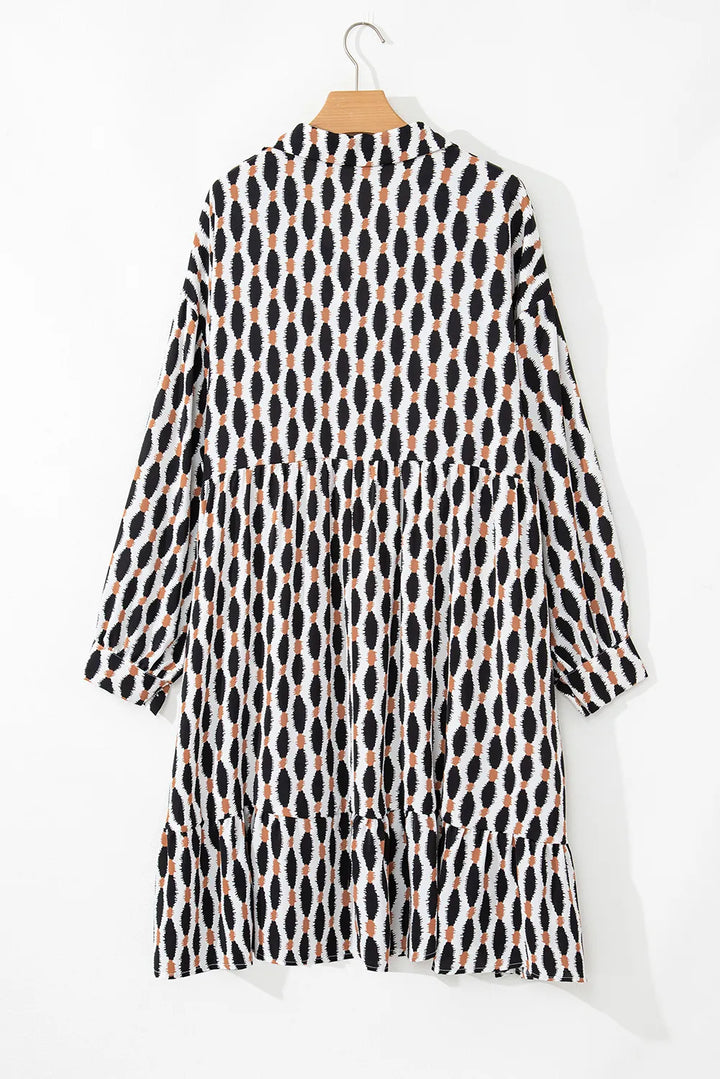 Plus Size Printed Johnny Collar Long Sleeve Dress | Trendsi