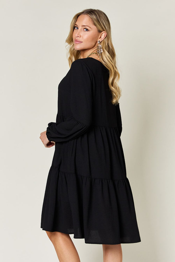 Double Take Full Size V-Neck Balloon Sleeve Tiered Dress | Trendsi