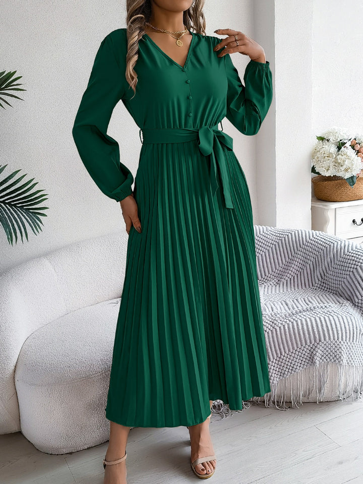 Pleated Tied V-Neck Long Sleeve Dress | Trendsi