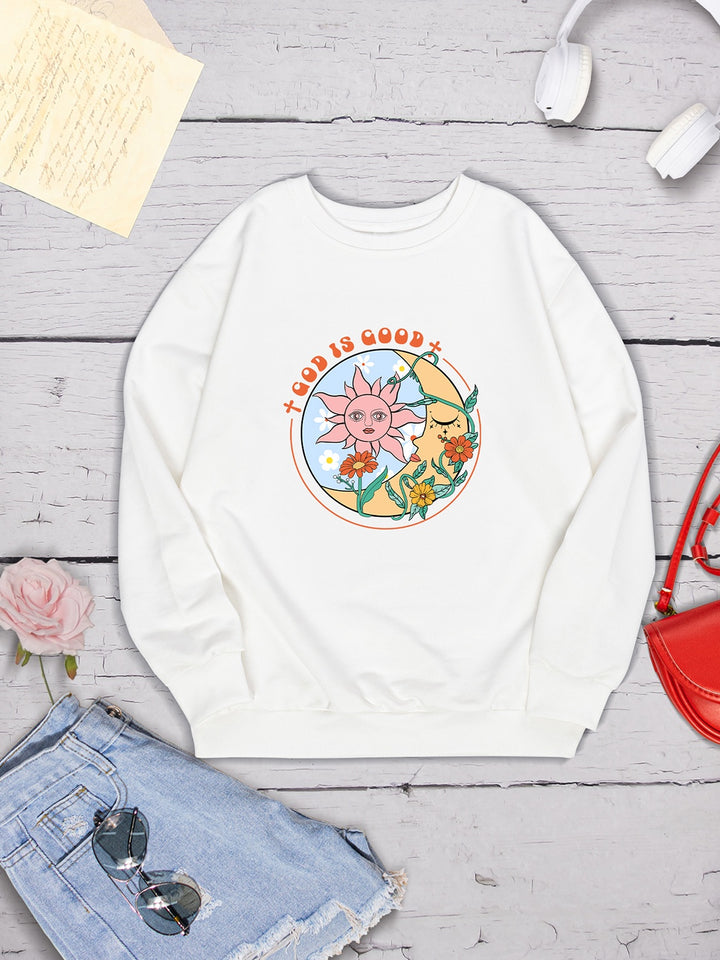 Graphic Round Neck Dropped Shoulder Sweatshirt | Trendsi