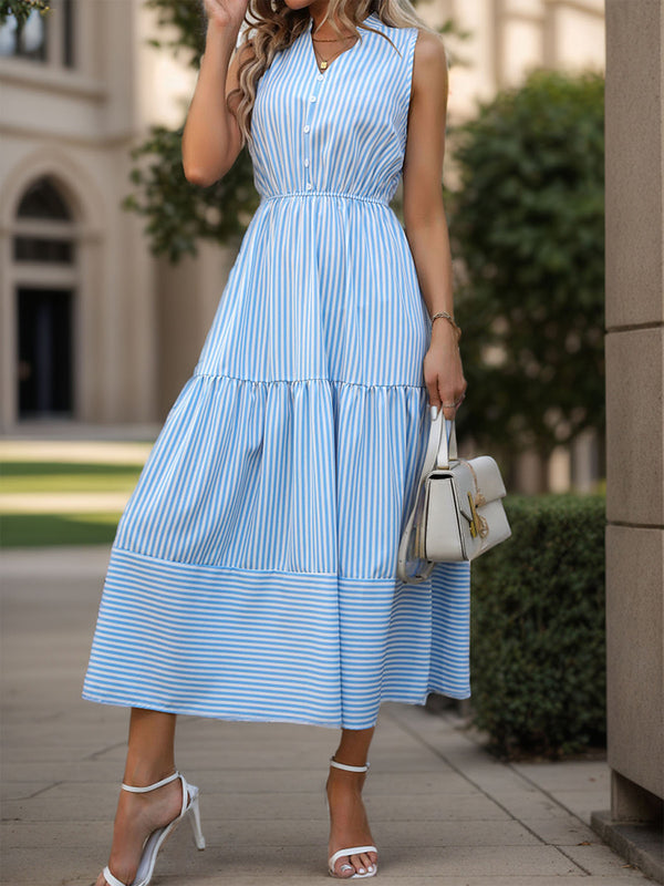 Striped Notched Sleeveless Midi Dress | Trendsi