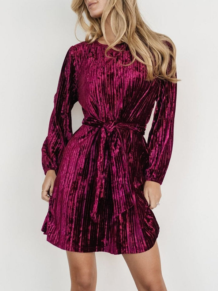 Velvet Round Neck Tie Waist Long Sleeve Mini Dress | Trendsi