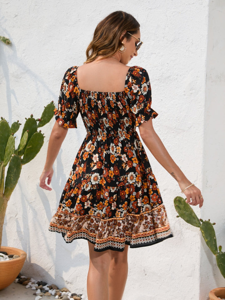 Printed Square Neck Short Sleeve Dress | Trendsi