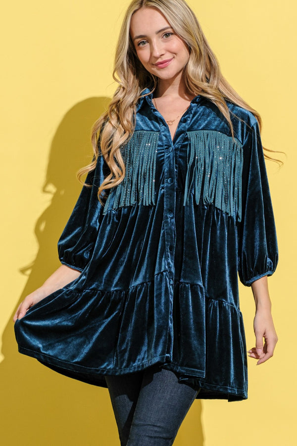 And The Why Fringe Detailed Velvet Shirt Dress | Trendsi