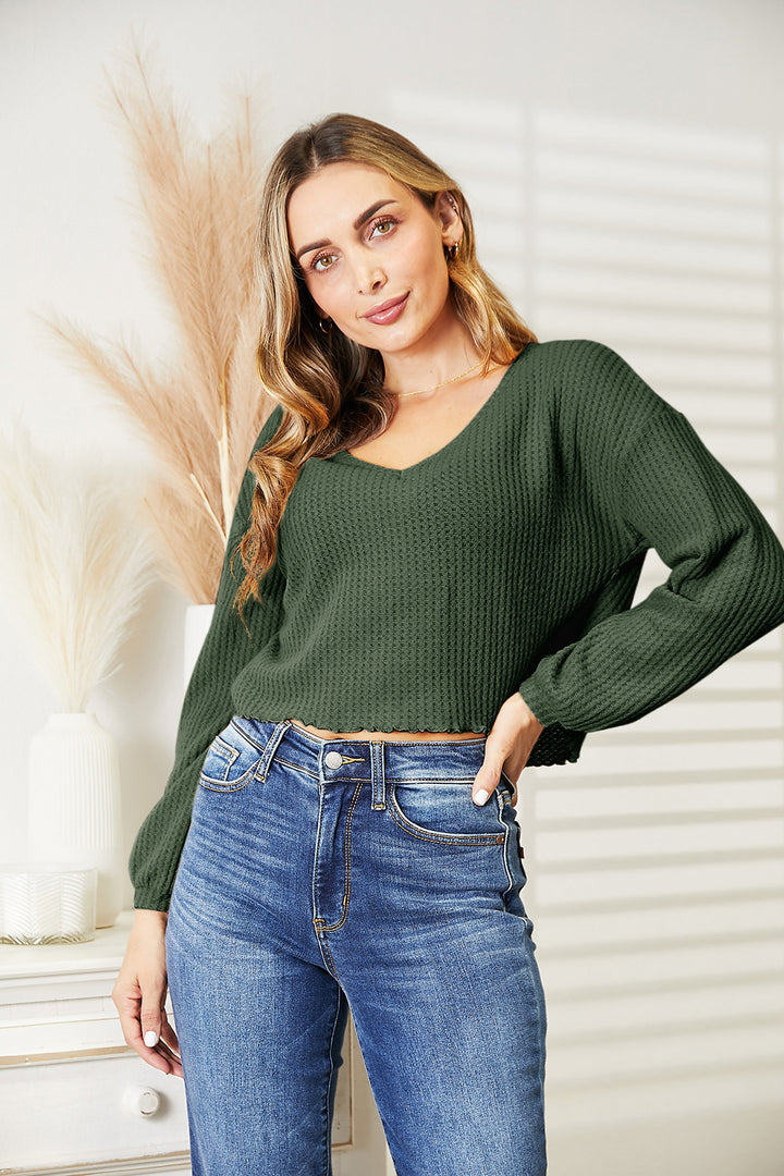 Full Size Waffle-Knit V-Neck Blouse | Trendsi