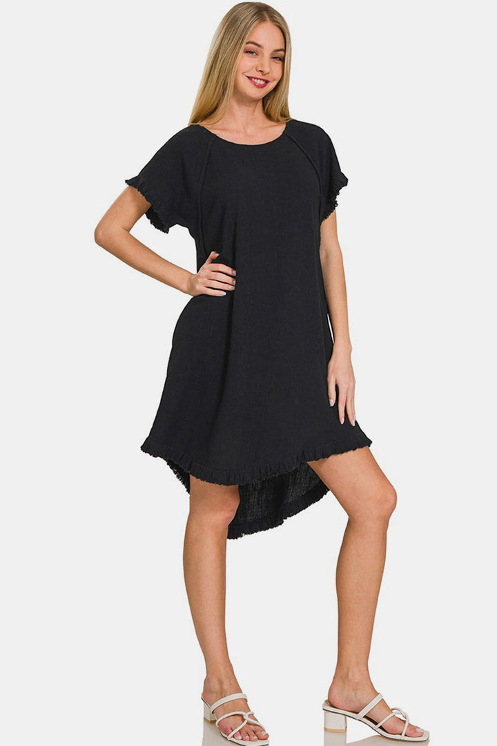 Zenana Fringe Edge High Low Flowy Dress with Pockets | Trendsi