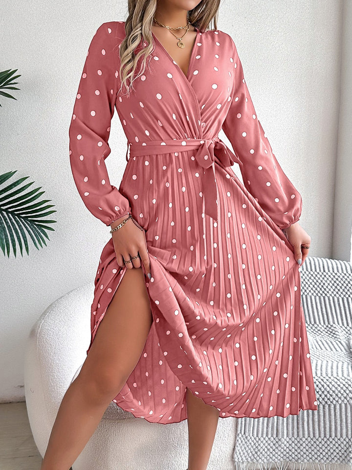 Tied Polka Dot Long Sleeve Midi Dress | Trendsi